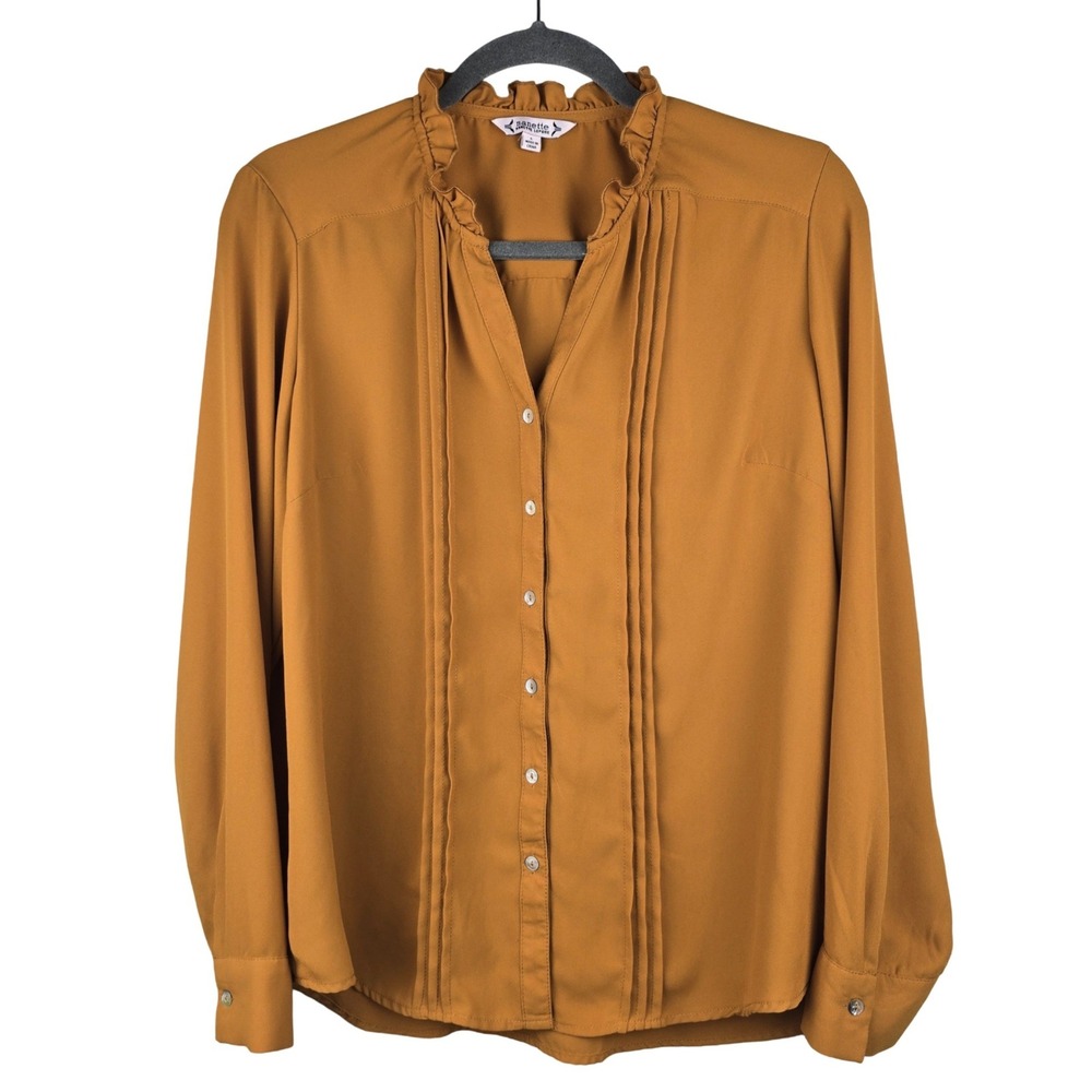 Nanette Lepore Blouse Womens Large Mustard Gold Ruffle Pintuck Boho Chic